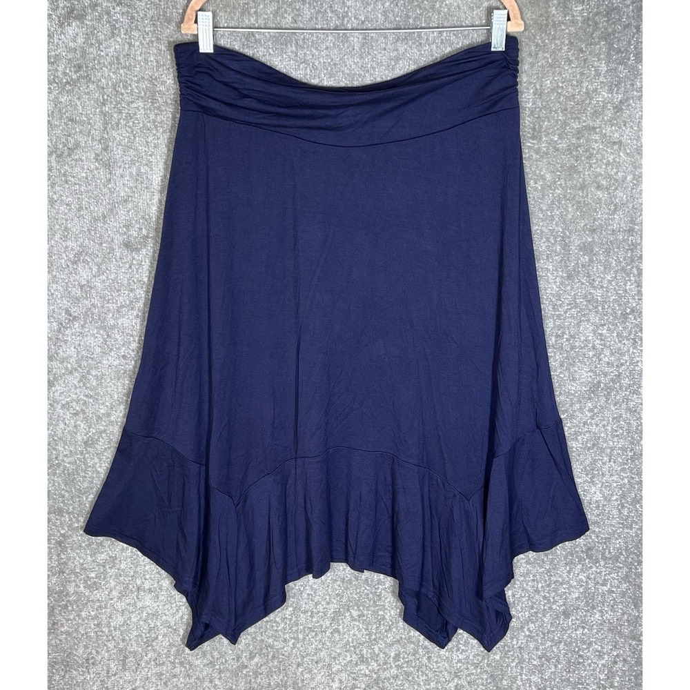 DJT Pull On Midi Skirt Womens Size XL Navy Blue Flowy Sharkbite Flare Festival